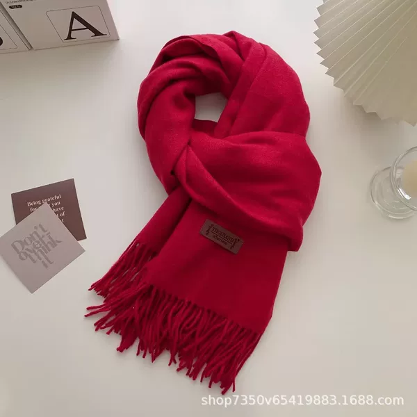 Korean-Style Autumn and Winter 300g Solid Color Tassel Red Scarf for Annual Meetings, Thickened and Warm, Faux Cashmere Shawl for Men and Women, Cross-Border
