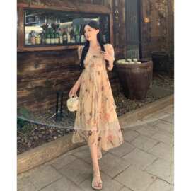 大码女装夏季新款法式碎花短袖连衣裙高级感小个子粉色长裙抹胸裙