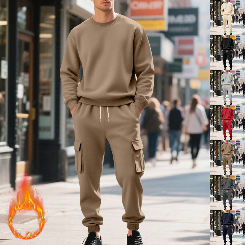 Europe, America, Autumn And Winter Heavy Velvet Men's Loose Casual Sports Tooling Round Neck Solid Color Sweater Trousers Set_viptrois.com