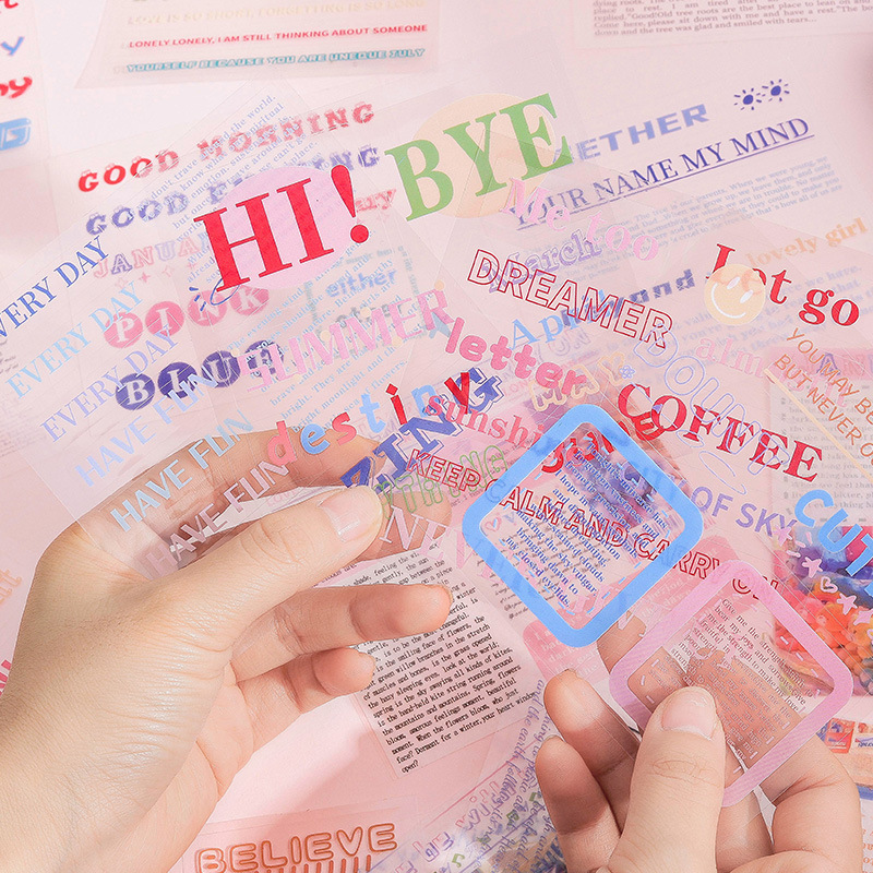 Lluvia brillante transparente pegatinas de mascotas impermeables libros retro transfronterizos inglés palabras de moda pegatinas de texto decoración de contabilidad