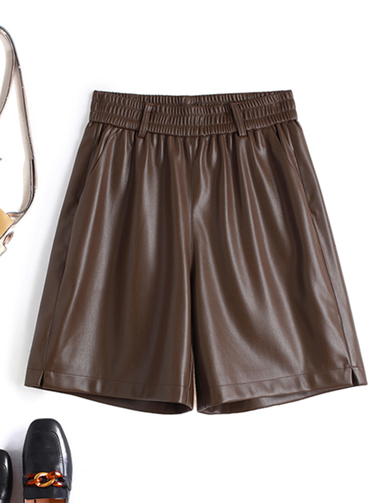海寧本革ショートパンツ レディース 2025秋冬 羊革パンツ ハイウエスト ワイドレッグ 細見え ブーツパンツ 脚長効果