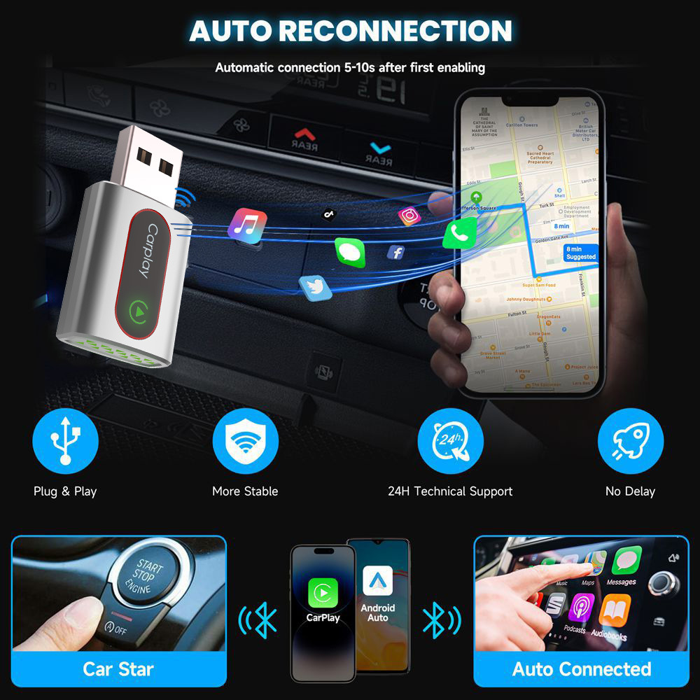 Wireless Carplay Box Adapter Compatible with iPhone and Android, 2-in-1, Fast and Lag-Free Hands-Free Calling