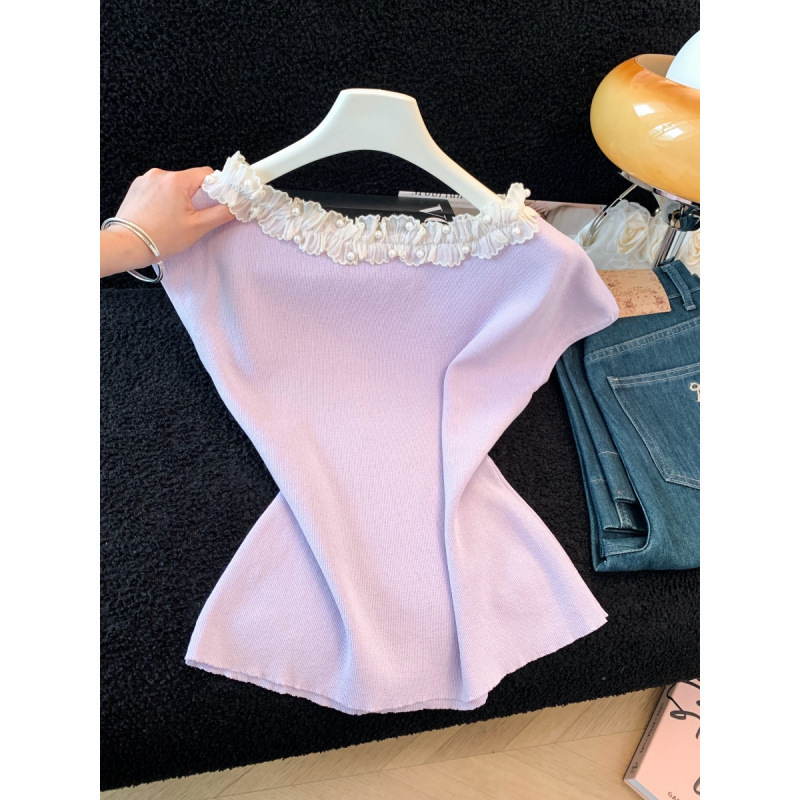 Real Shot of a French-Style Design Multi-Layer Lace Asymmetrical Collar Short-Sleeve Summer Knit Top, Unique Slim-Fit Off-Shoulder Blouse Real Shot of a French-Style Design Multi-Layer Lace Asymmetrical Collar Short-Sleeve Summer Knit Top, Unique Slim-Fit Off-Shoulder Blouse