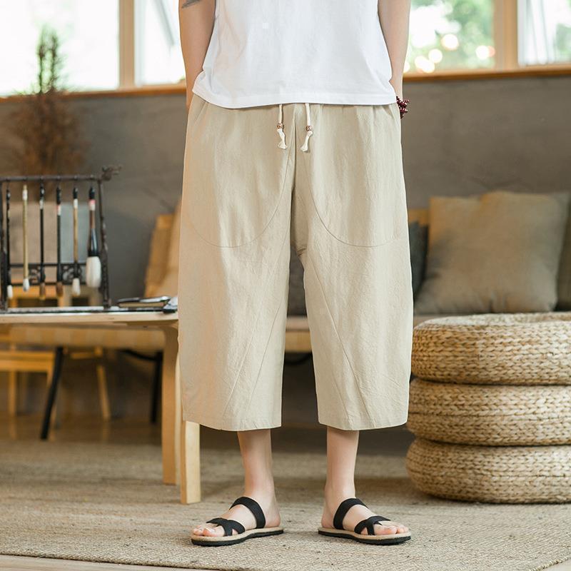 Linen Capri Pants Men's Chinese-style Loose Thin Wide-leg Capri Pants Youth Summer plus size Cotton and Linen Casual Shorts