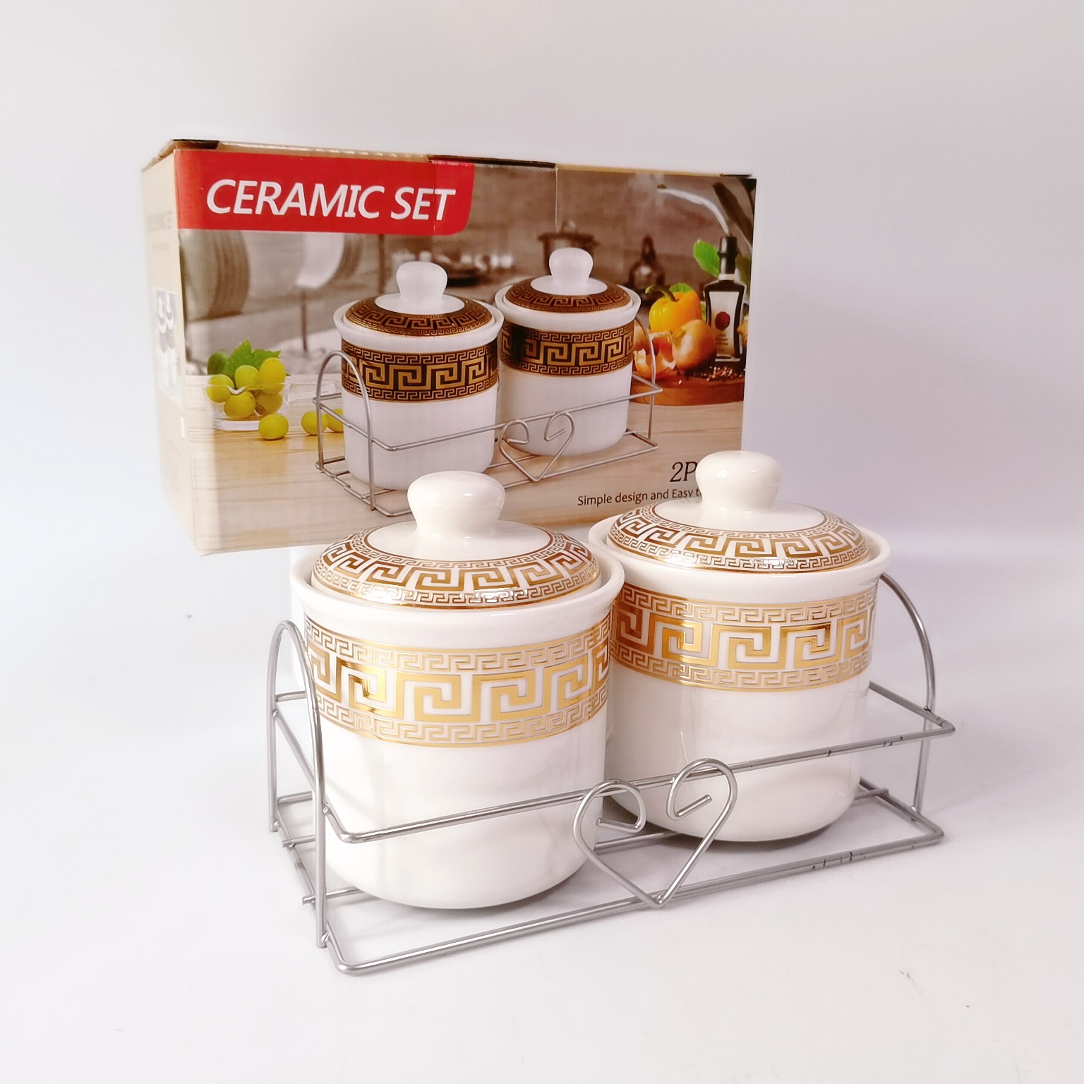 Exportación transfronteriza 2-pack cerámica chapado en oro condimento tarro con estante de hierro cocina condimento botella té tarro Oriente Medio