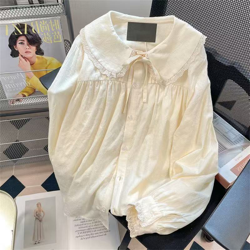 French-Style Sweet Niche Doll Collar Lace Long-Sleeve Shirt for Women, Autumn Petite Bf Lazy Style Inner Top for Women