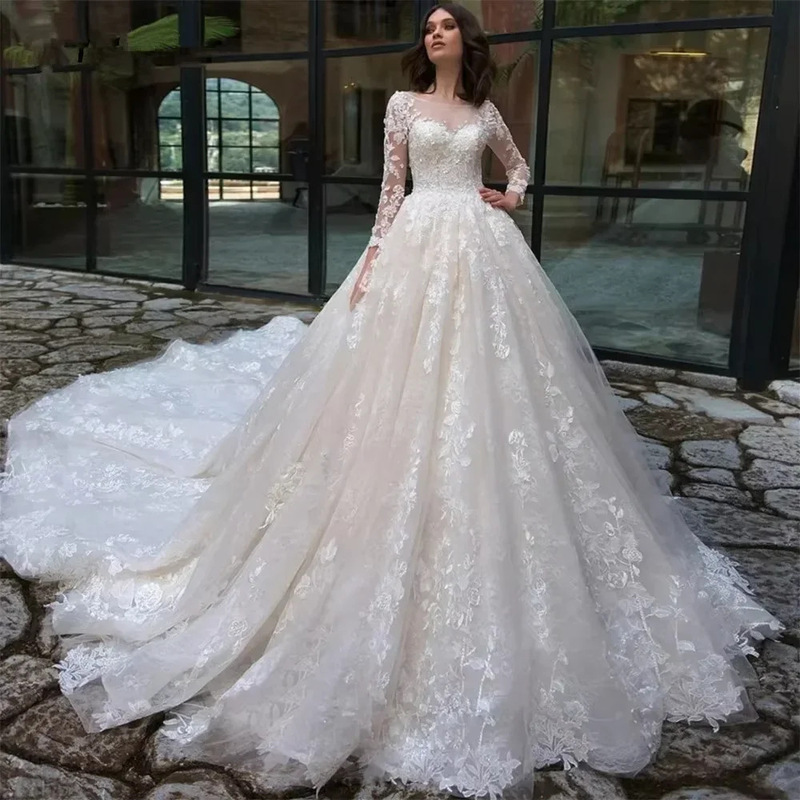 New Style Wedding Dress European and American Fashion Amazon Dress Long Sleeve Solid Color High-End Lace Bridal Wedding Dress