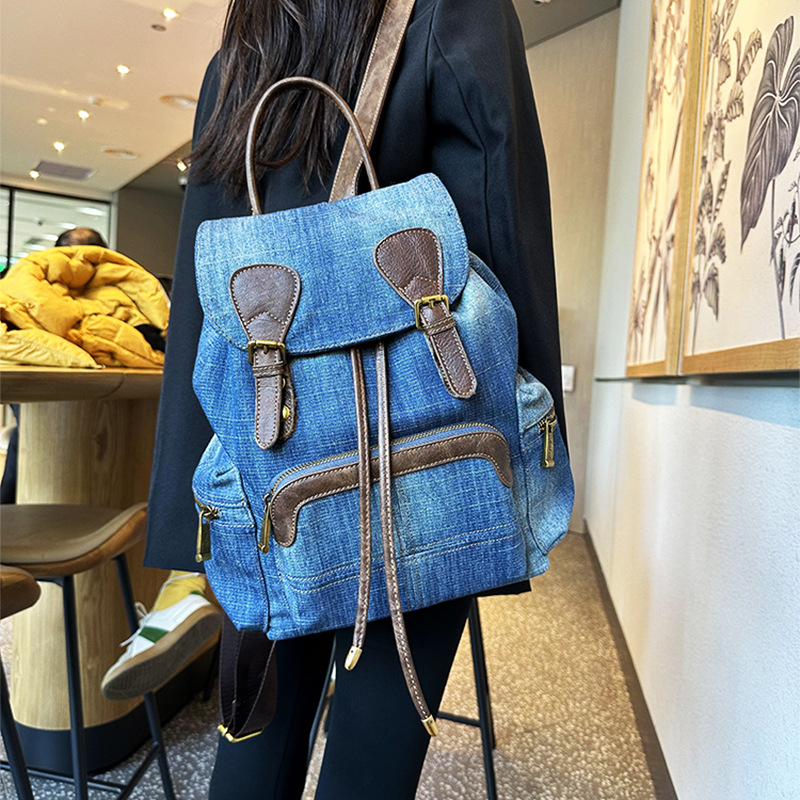 Bag, women's new 2023 fashionable denim cloth with cowhide backpack, casual and versatile canvas bag_voghion.com