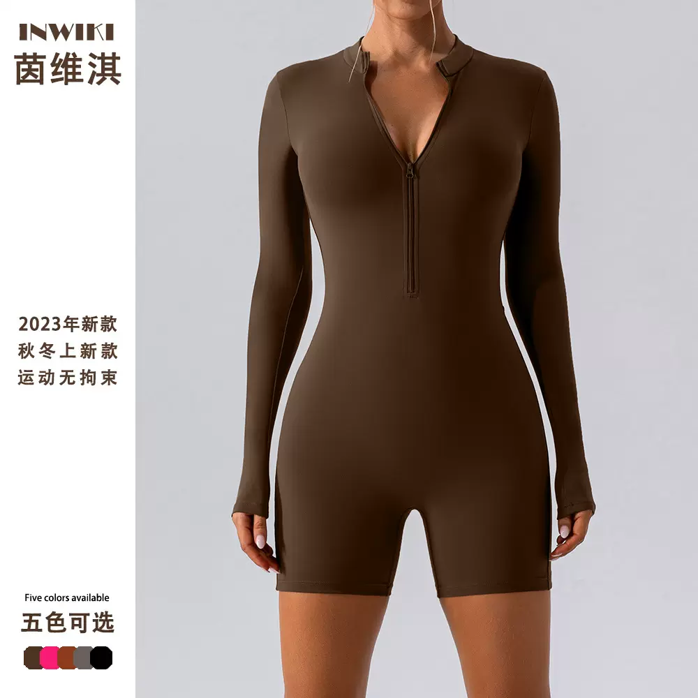 欧美跨境拉链长袖连体服舞蹈训练健身运动连体衣性感紧身瑜伽服女