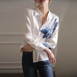缎面仿真丝衬衫女2024长袖设计感小众国风复古水墨印花绸缎白衬衣