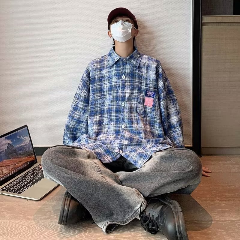 High-quality vibe design sense fashion brand retro niche tie-dye plaid shirt men's spring and autumn do old lazy style top