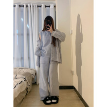 韩版纯色吊带半边绒睡衣女冬季新款加厚保暖可外穿三件套装家居服