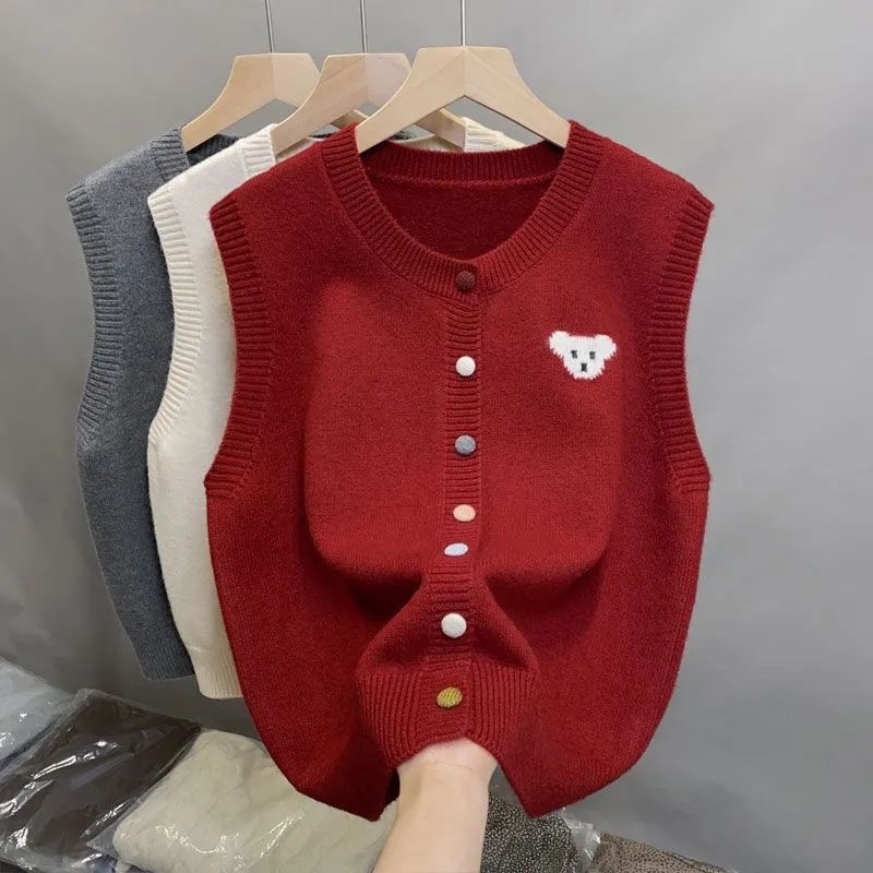 Spring and Autumn New Style Colorful Button Women's Knitted Vest, Fashionable and Age-Reducing, Layered Wear, Round Neck Jacquard Cardigan, Sleeveless Sweater for Women