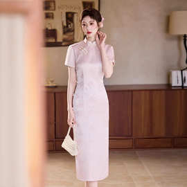 单层提花旗袍2025新款粉色短袖长款改良优雅年轻款少女显瘦连衣裙