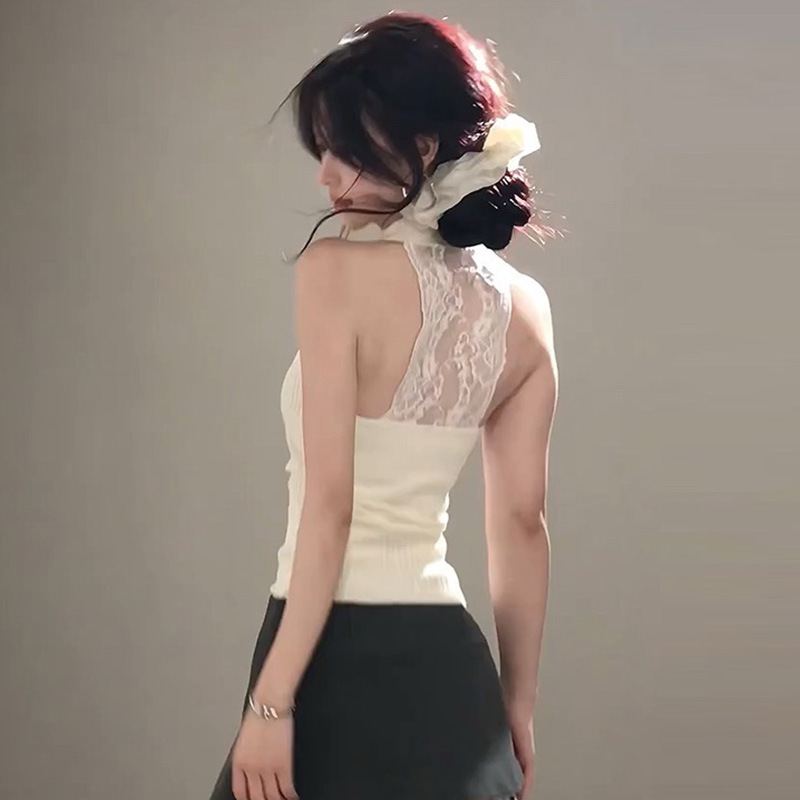 夏フレンチレトロカジュアル高貴な気質シャツホルターネックニットセーター女性のベストトップ若いホットガール|undefined