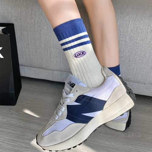 Double needle embroidery - purple series socks women's mid-calf socks spring and summer striped color matching long tube cotton socks ins fashion hot-selling 