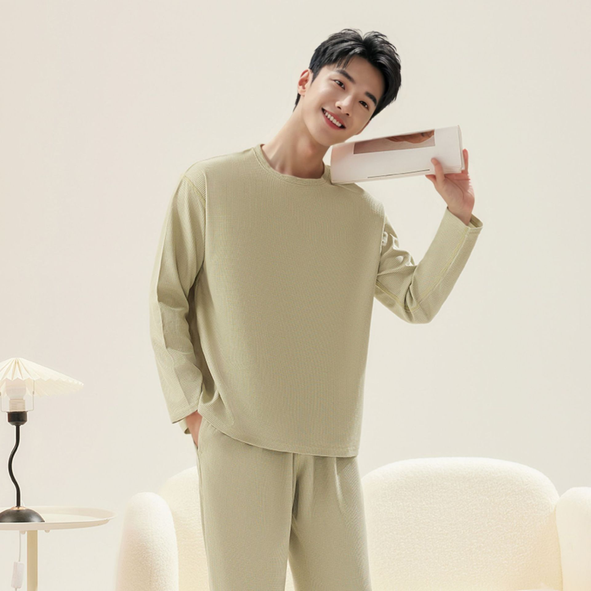 男性と女性のためのパジャマ、ワッフル長袖ズボン、空調服、薄手のカジュアルウェアラブル、大きいサイズのホームカップルスーツ