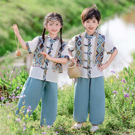 三月三男童少数民族风服装夏季女童壮族苗族套装中式儿童表演服