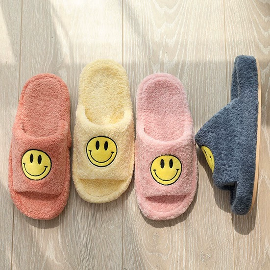 Осенне-зимние тапочки из овечьей шерсти на флисовой подкладке, Нескользящие утепленные Нескользящие открытые пушистые тапочки с мультяшным смайликом и толстой подошвой