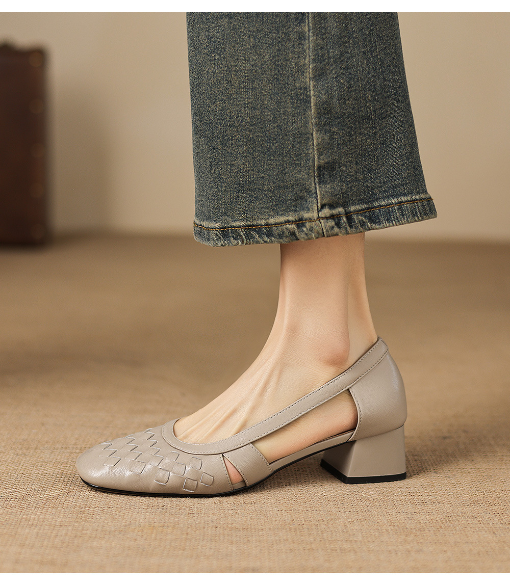 Giày sandal nữ mũi vuông gót thấp 3 cm, da cừu, hở mũi, phong cách thời trang — đen chi tiết 9