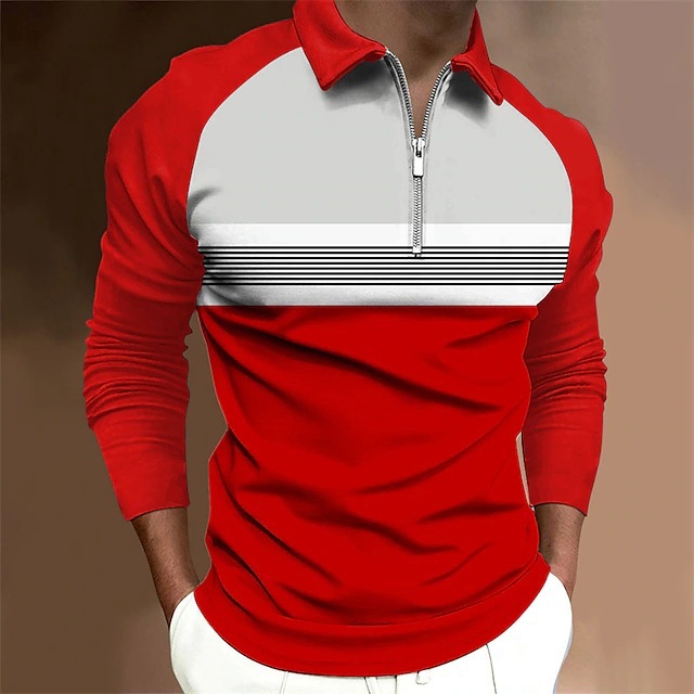 Herren Polo-shirt Langärmlig Mit Kontrastfarben Und Reißverschluss_voghion.com