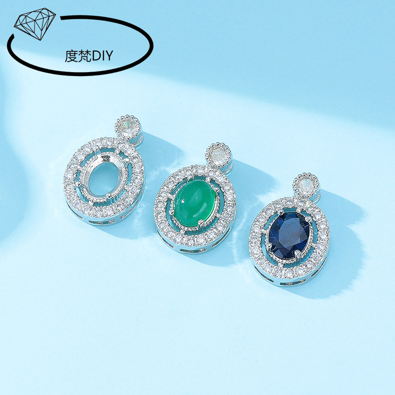 TikTok viral white gold oval pendant with full diamonds, hollow copper setting, DIY setting with Huazi diamond cabochon 925