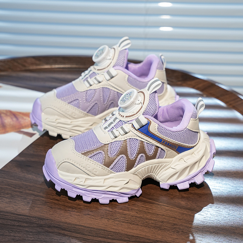 Zapatos deportivos para niños, zapatos casuales de botón giratorio de malla para niñas, otoño 2025 nuevos zapatos de corrida para niños