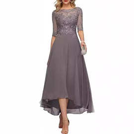 亚马逊气质蕾丝贴花正式派对礼服雪纺婚礼宴会晚礼服优雅连衣裙女