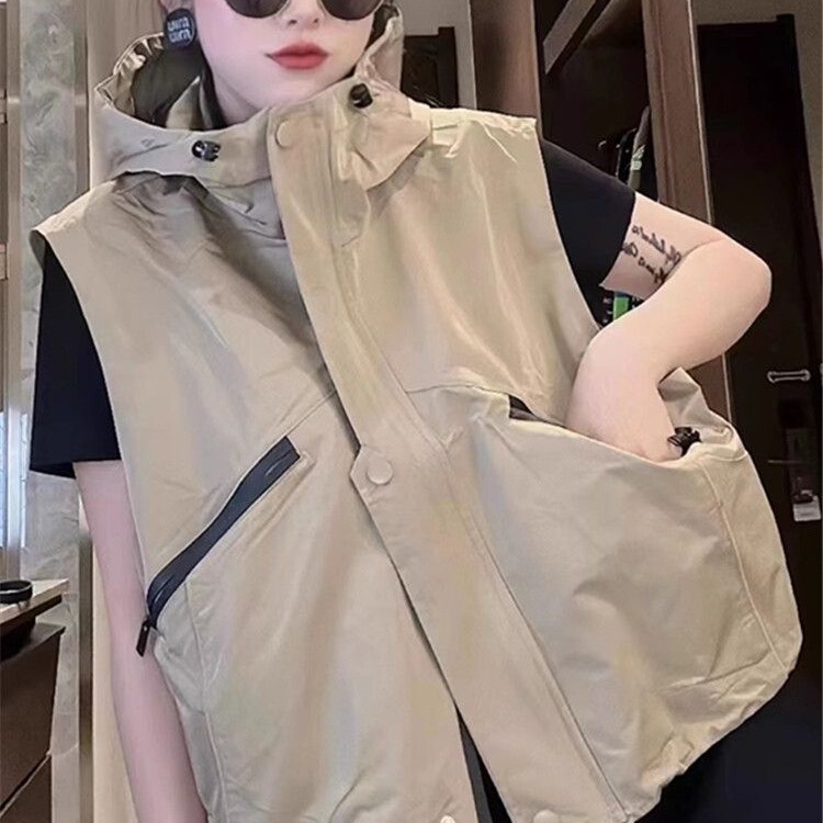 European-Style Hooded Work Vest for Women, 2025 Spring and Autumn New Design, Loose Casual Vest, Trendy