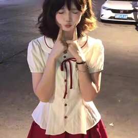 【原版面料，原版质量】韩系甜美学院风撞色娃娃领蝴蝶结短袖女上