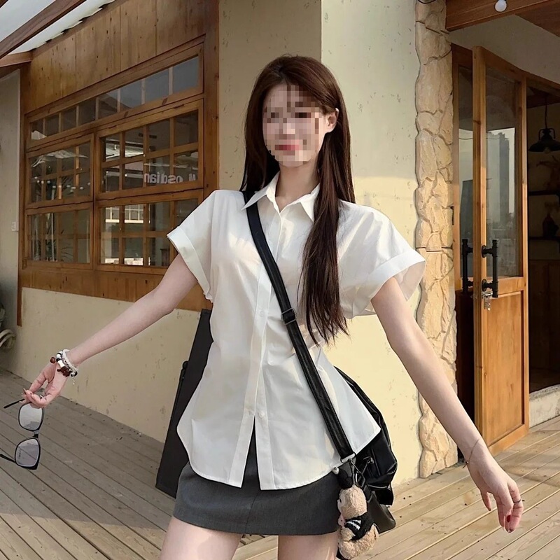 New White Short-Sleeved Shirt, Versatile Top with a Slimming Waist, Simple Summer Shirt with Tie Design New White Short-Sleeved Shirt, Versatile Top with a Slimming Waist, Simple Summer Shirt with Tie Design