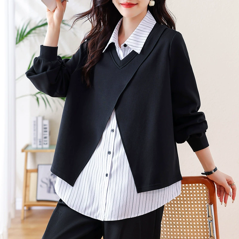 2024 новый свободный тонкий большой размер женский темперамент поддельные две рубашки свитер дикий топ пальто