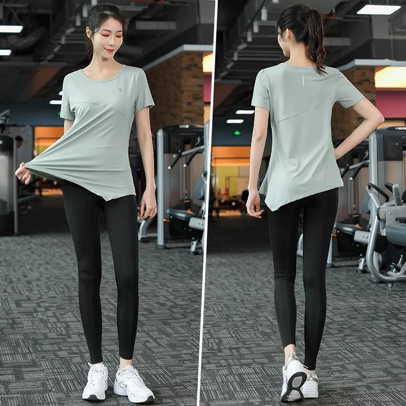 Одежда для йоги больших размеров Одежда для фитнеса, Спортивная футболка с короткими рукавами, женская летняя спортивная одежда, профессиональная облегающая, высокоэластичная быстросохнущая