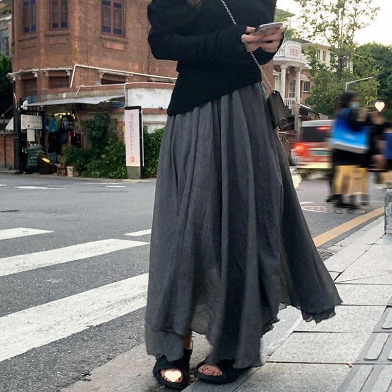 二重綿麻半身スカート女性夏禅意風女装亜麻スカート大サイズ仙気ふわふわ妖精スカートロングスカート|undefined