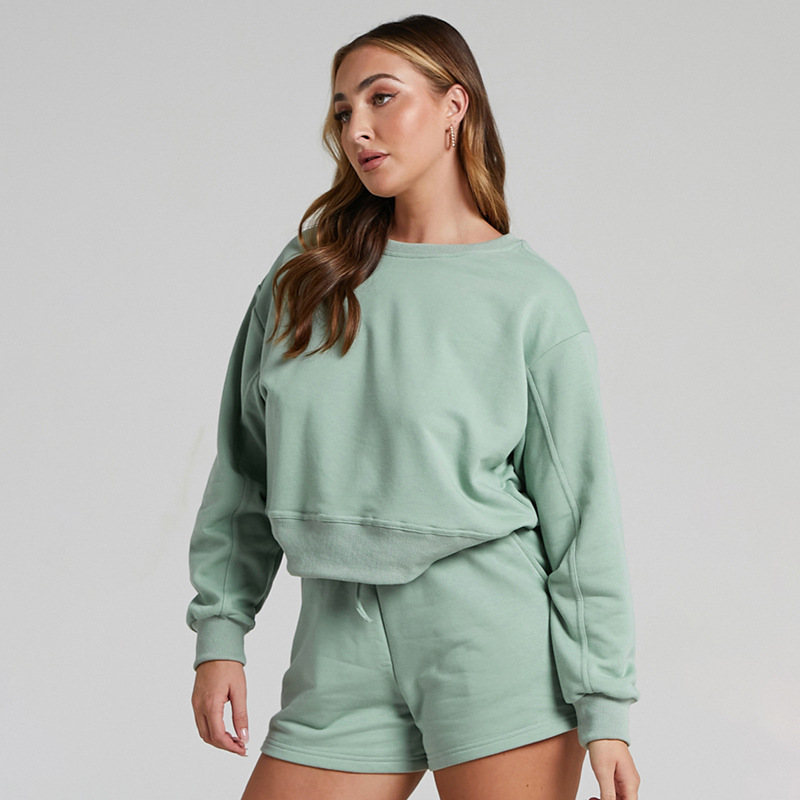 Solid Color Long Sleeve Sweaters Women Clothing Short Two-Piece Casual Shorts Suit