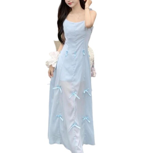 A Sweet Peony Butterfly Bow Medium-Length Strap Dress 2025 Slimming Waist Workover Dress