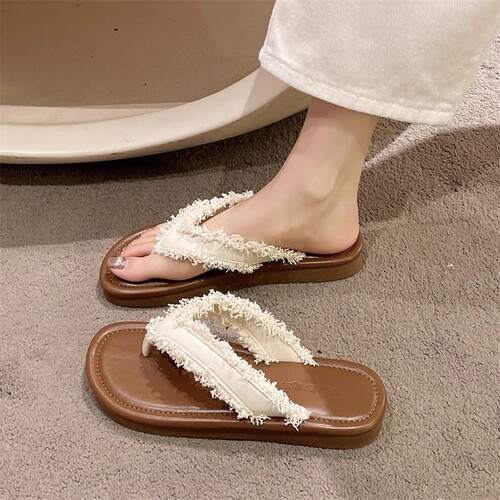 Beach Influencer Sandals Slippers for Women 2025 Summer Fashion New Versatile Retro Flat Thick Sole Roman Herringbone Sandals