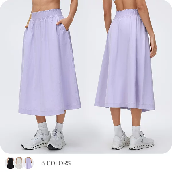 Thin Elastic Waist Sports Skirt for Women, High-Waisted Loose A-Line Mid-Length Skirt, Casual Versatile Workwear Skirt D26042