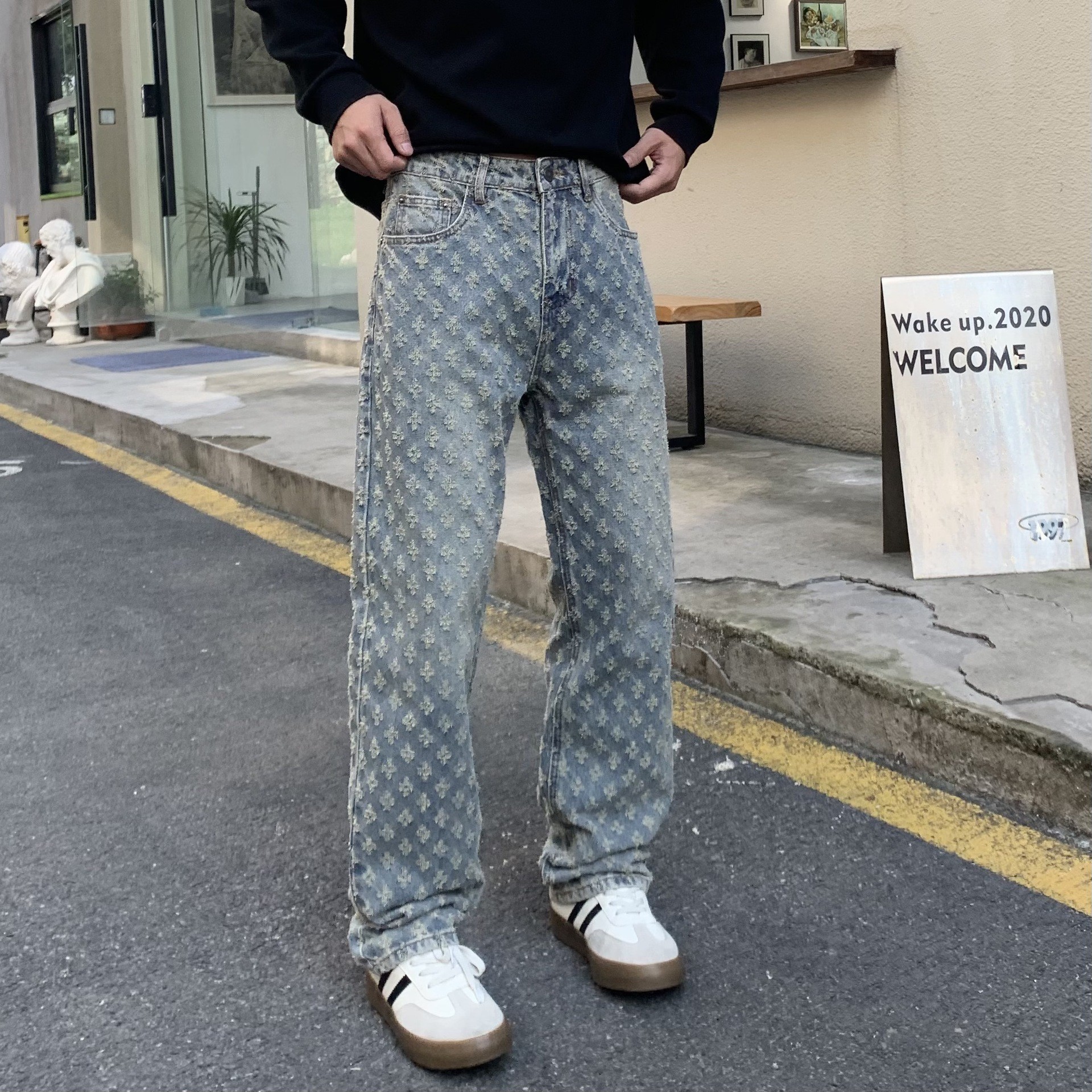 Neue Jacquard-Jeans mit Allover-Print für Herren – lockere, gerade geschnittene, gewaschene Freizeithose, vielseitig kombinierbar_voghion.com