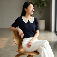 撞色娃娃领短袖针织开衫女夏季 甜美气质重工手勾花边显瘦上衣