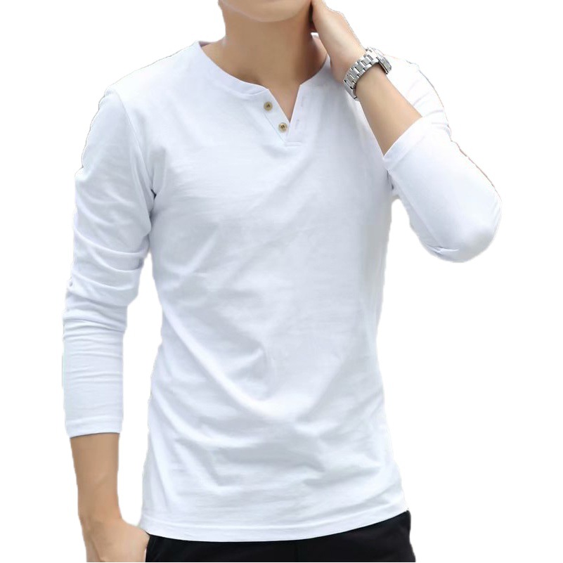 Otoño nueva moda de los hombres de estilo coreano con cuello en V de dos botones de manga larga Camiseta de algodón slim fit todo partido camisa de fondo casual