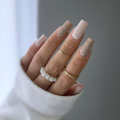 外貿跨境穿戴甲美甲甲片中方形磨砂粉色水鑽指甲貼片成品假指甲片