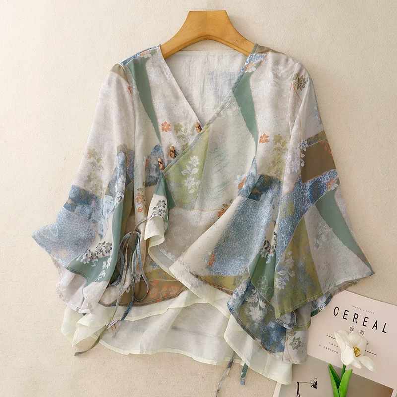 2026 Summer New Ethnic Style Retro Shirt Top Improved Hanfu Cotton and Linen Double-Layer Gauze National Style Cardigan T-Shirt 2026 Summer New Ethnic Style Retro Shirt Top Improved Hanfu Cotton and Linen Double-Layer Gauze National Style Cardigan T-Shirt