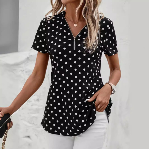 Women's 2025 European and American Printed Polka Dot V-Neck Zipper Irregular Hooded Top