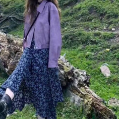 紫色皮衣外套女秋季新款小个子新品宽松机车服气质夹克