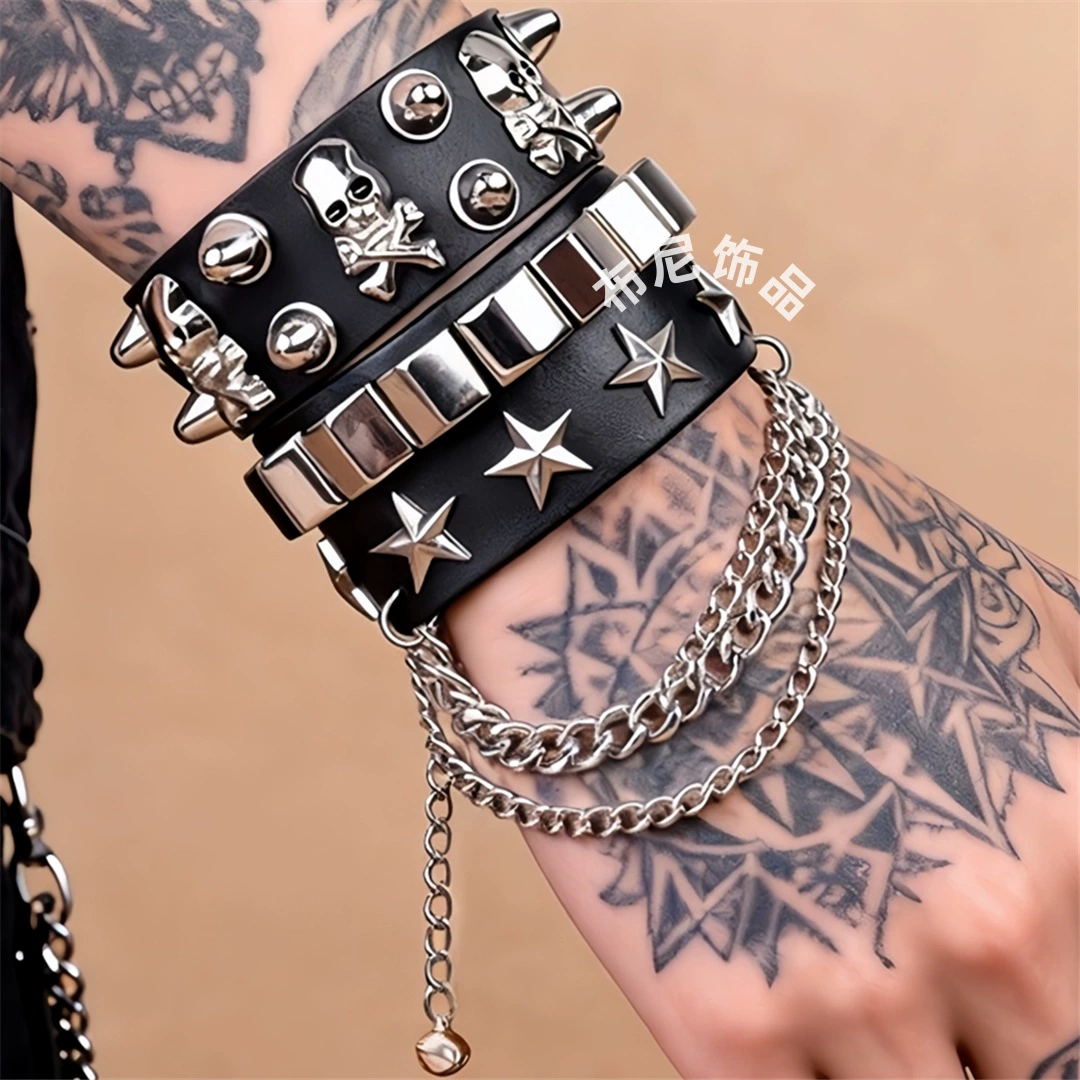 Европейская и американская мода ретро многослойный PU широкий кожаный пятиконечный звездный браслет доминирование черепа заклепки панк хип-хоп браслет украшения