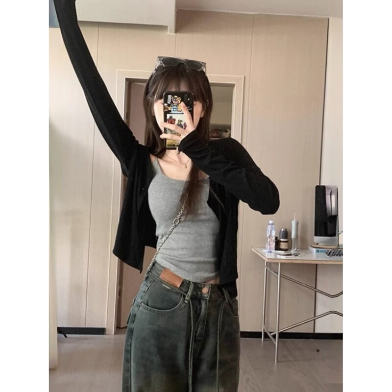 Black Thin Single-Breasted Knitted Cardigan for Women, 2026 Spring/Summer Sun-Protective Top, Slimming and Relaxed Style Outerwear Black Thin Single-Breasted Knitted Cardigan for Women, 2026 Spring/Summer Sun-Protective Top, Slimming and Relaxed Style Outerwear