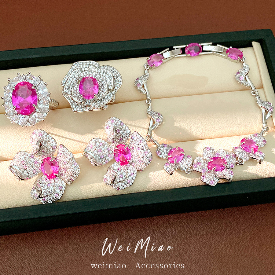 Agujas de plata, pulseras de flores rosadas, anillos, pendientes, pernos de lujo ligero, alta sensación, temperamento dulce, conjunto de joyas