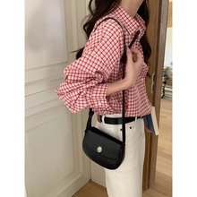 3th Morning 小镇书店 韩系红色格纹翻领宽松长袖衬衫ZY3329