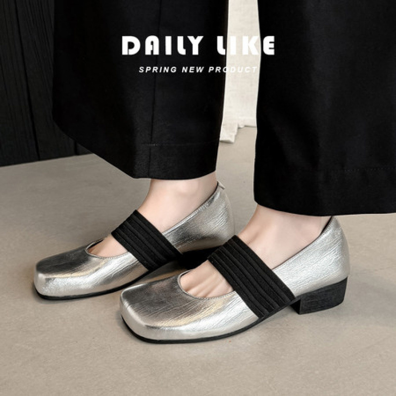 Very Comfortable French-Style Women's Genuine Leather Low-Heel Square-Toe Chunky Heel Flat Shoes, Size 40, with a Single Strap Mary Jane Shoes